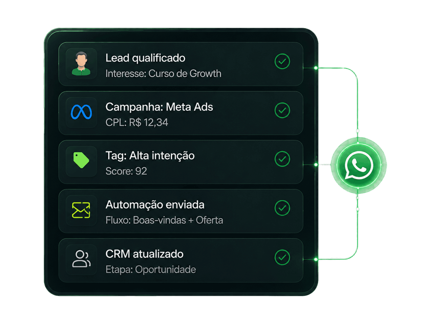 Flujo de Growth calificando leads, campañas, etiquetas, automatización y CRM vía WhatsApp